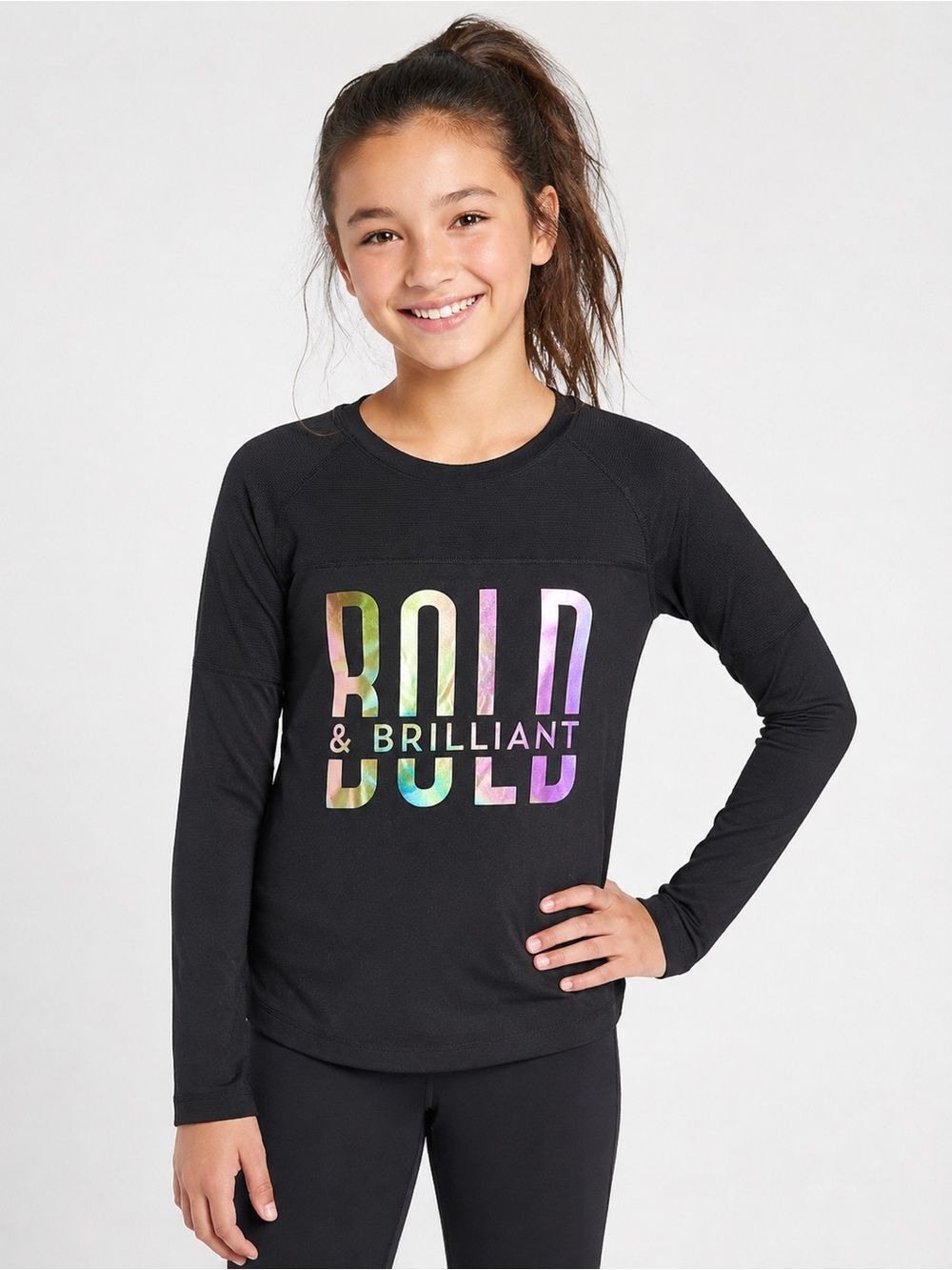 3/$25 Athleta Girl Bold&Brilliant Long Sleeve Top XL/14 Black Iridescent Graphic